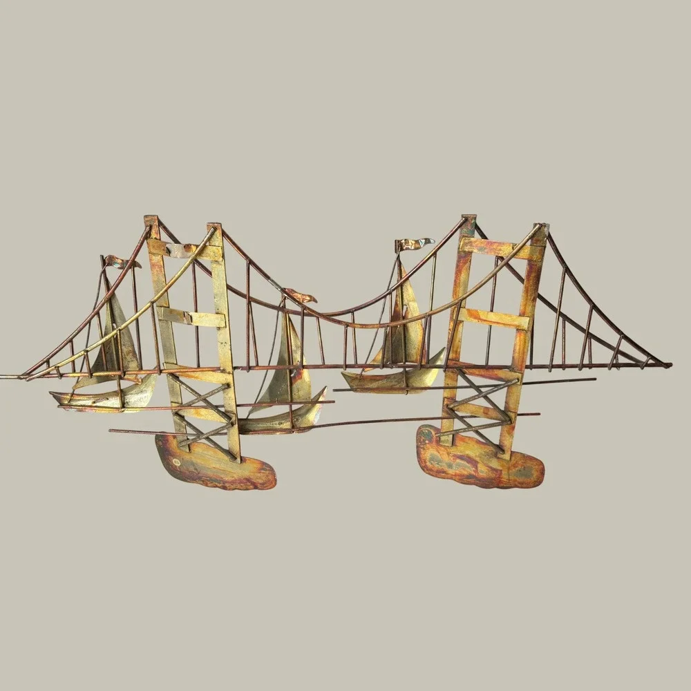 Vintage‎ Brutalist Metal Wall Art Golden Gate Bridge Sailboats MCM Copper Brass